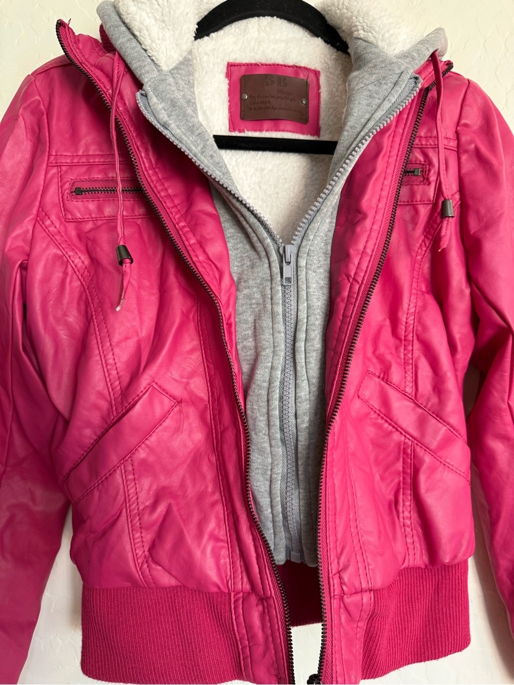 BB Winter Pink Faux Leather Hooded Bomber Jacket NWT Small - Picture 6 of 10